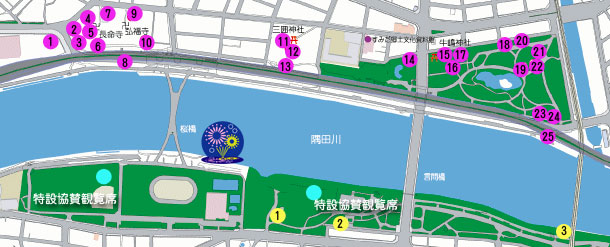 隅田川花火大会第一会場の打ち上げ場所の地図