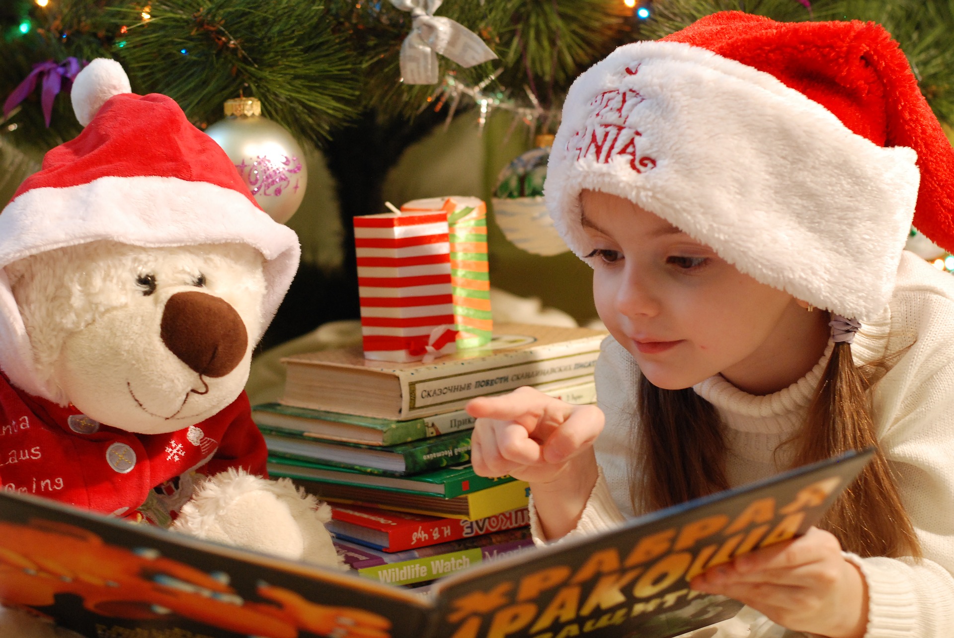 クリスマスに絵本を読む少女